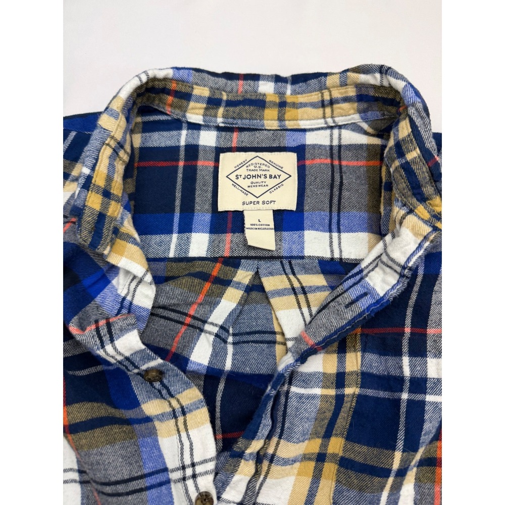 St Johns Bay Mens Large Super Soft Flannel Shirt Blue Yellow Plaid Cotton L/S